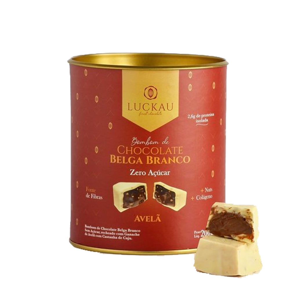 Bombom De Chocolate Belga Branco Com Recheio De Pasta De Avelã Zero Áçucar Luckau 200G