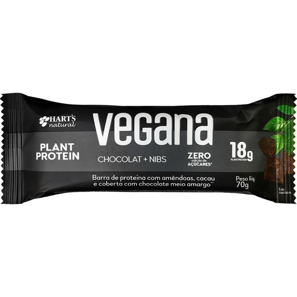 Barra De Proteína Vegana Sem Açúcar De Chocolate Nibs 70G Hart's Natural