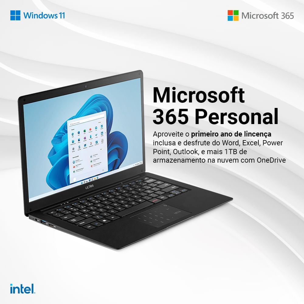 Notebook Ultra, Com Windows 11 Home - Intel Celeron 4Gb 120Gb Ssd 14,1 Pol. Hd, Preto + Microsoft 365 Personal + 1Tb Na Nuvem - Ub235out [Reembalado] Ultra