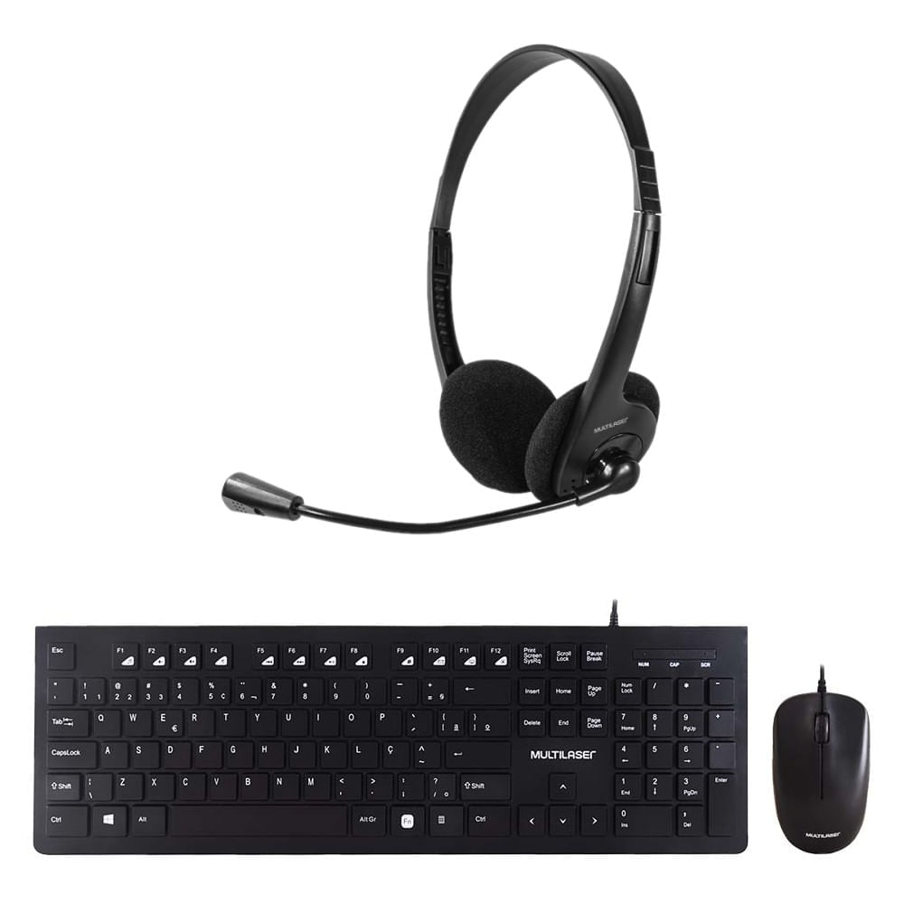 Combo Office - Teclado E Mouse Com Fio Multimídia 1200Dpi Teclas Chocolate E Headset Classic Conexão P2 Preto - Ph002k