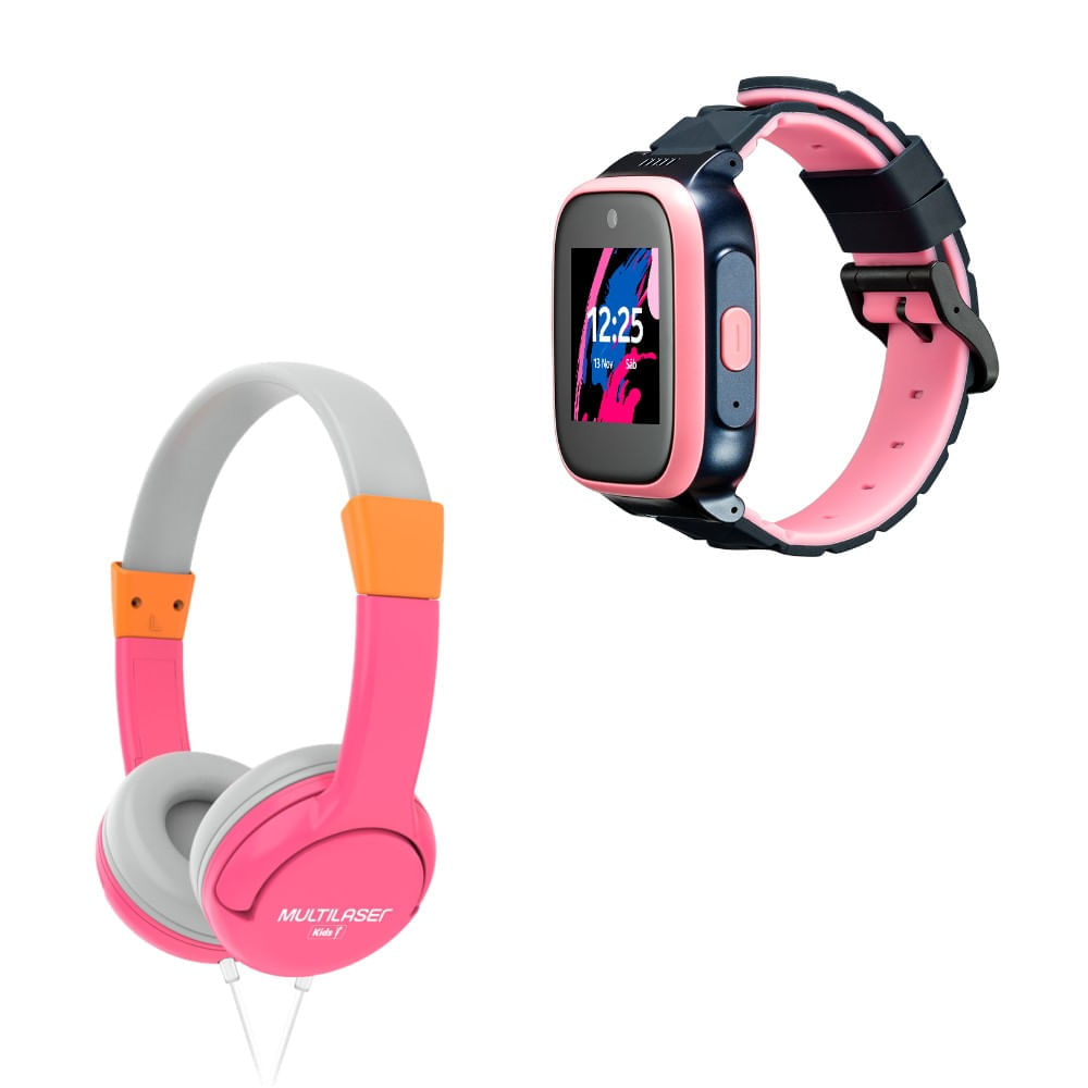 Combo Kids – Headphone Multilaser Kids Happy E Kidwatch Infantil 4G + Wi-Fi Controle Parental Rosa - P92010k