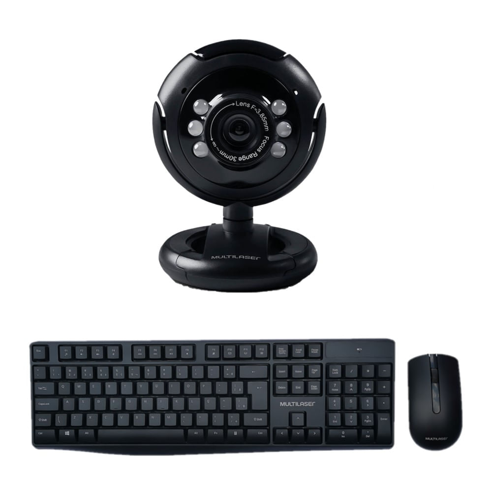 Combo Office - Webcam Standard 480P 30Fps Led Noturno E Teclado E Mouse Sem Fio Slim 1600Dpi Preto - Tc270k Multilaser