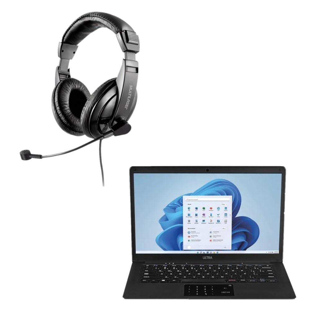 Combo Office - Notebook Ultra Com Windows 11 Home Intel Celeron 120Gb Ssd 14,1 Pol E Headset Giant Conexão Usb Preto - Ph2450k