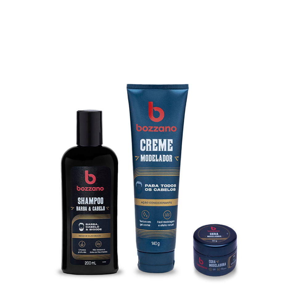 Kit Para Cabelo, Barba E Bigode Bozzano: Shampoo, Creme E Cera Modeladora – 3 Produtos