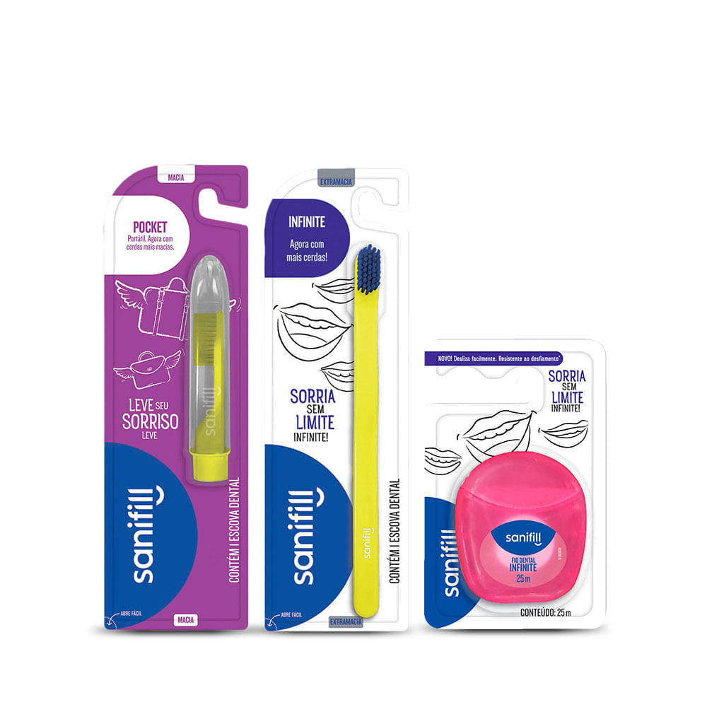 Kit Sanifill Escova De Dente Infinite, Fio Dental Infinite 25 Metros E Escova De Dente Pocket