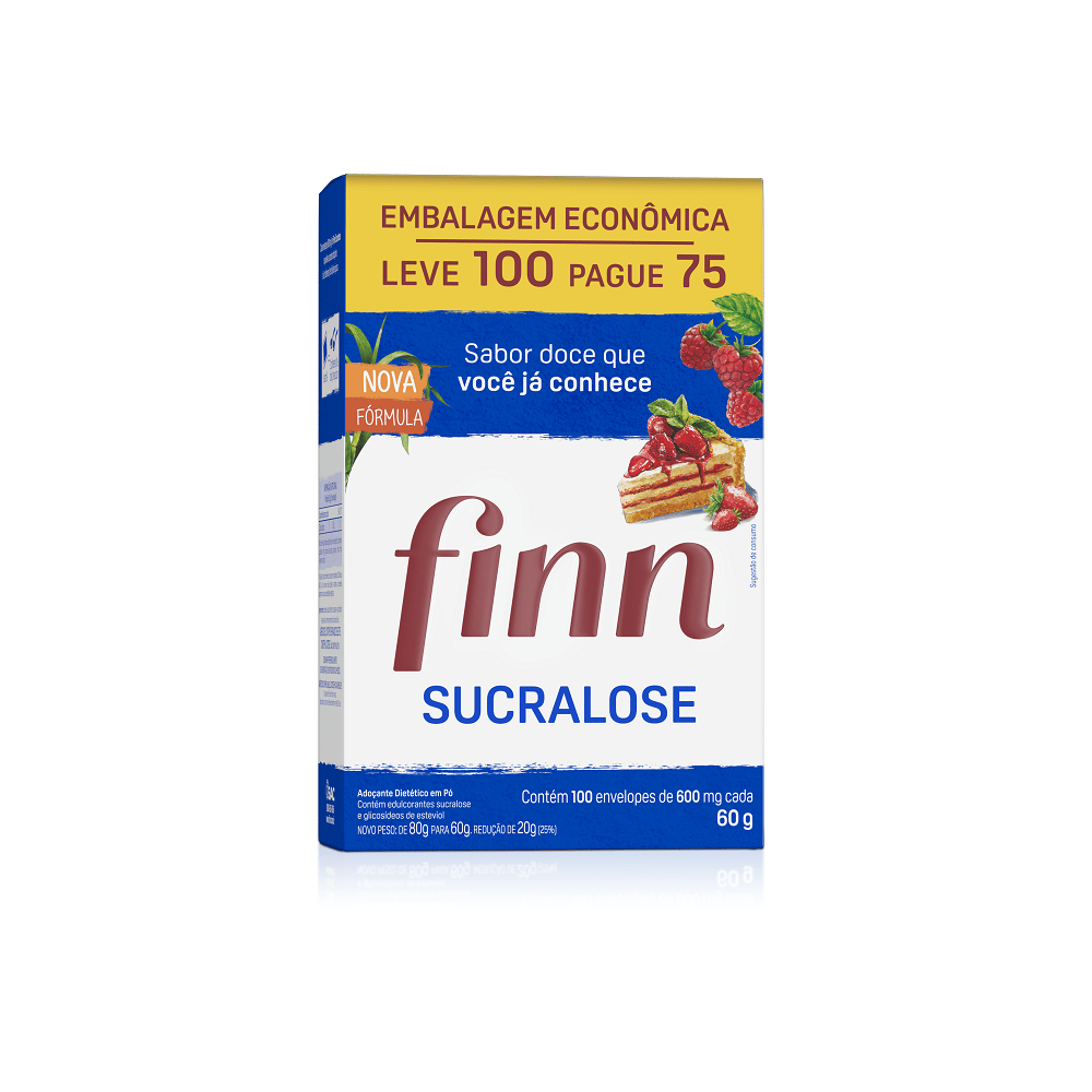 Adoçante Finn Sucralose Em Pó Com 100 Envelopes De 600 Mg