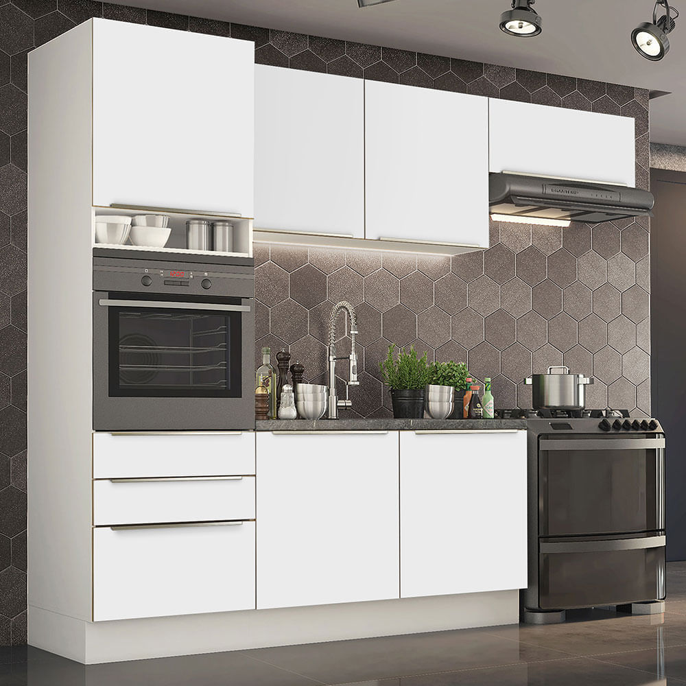 Armário De Cozinha Completa 260cm Branco Branco Veludo Lux Madesa 03