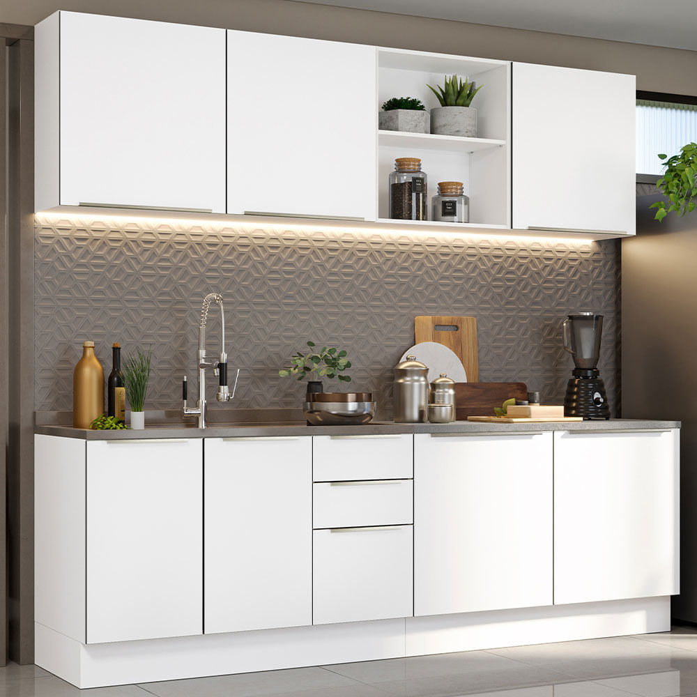 Armário De Cozinha Completa 240cm Branco Veludo Lux Madesa 05