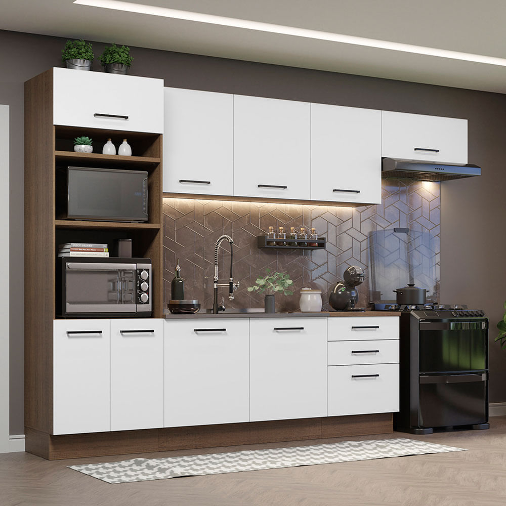 Armário De Cozinha Completa 330cm Rustic Branco Agata Madesa 01