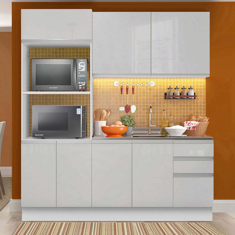 Armário De Cozinha Compacta 100% Mdf Madesa Acordes Xb190001 Com Balcão E Torre Portas Branco Brilho