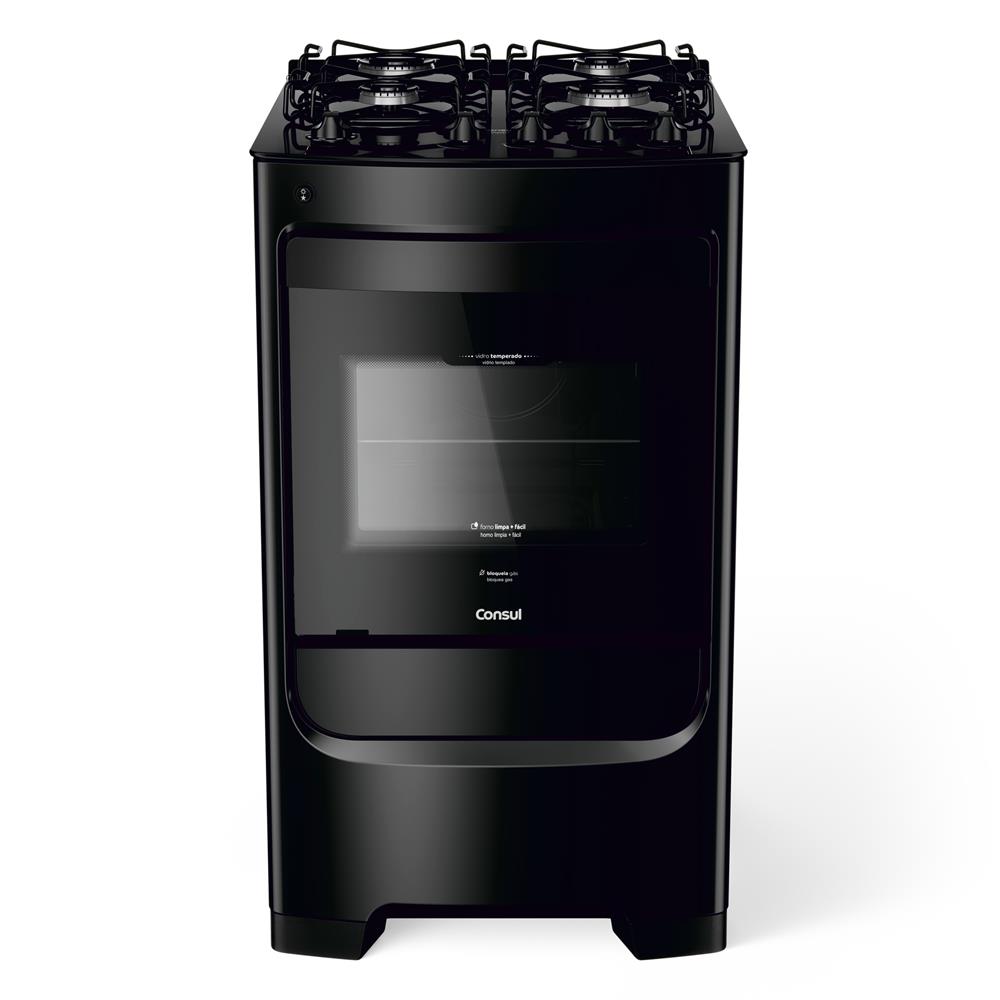 Fogão Consul 4 Bocas Preto com Mesa de Vidro e Grades Individuais Super Estáveis - CFO4VBE