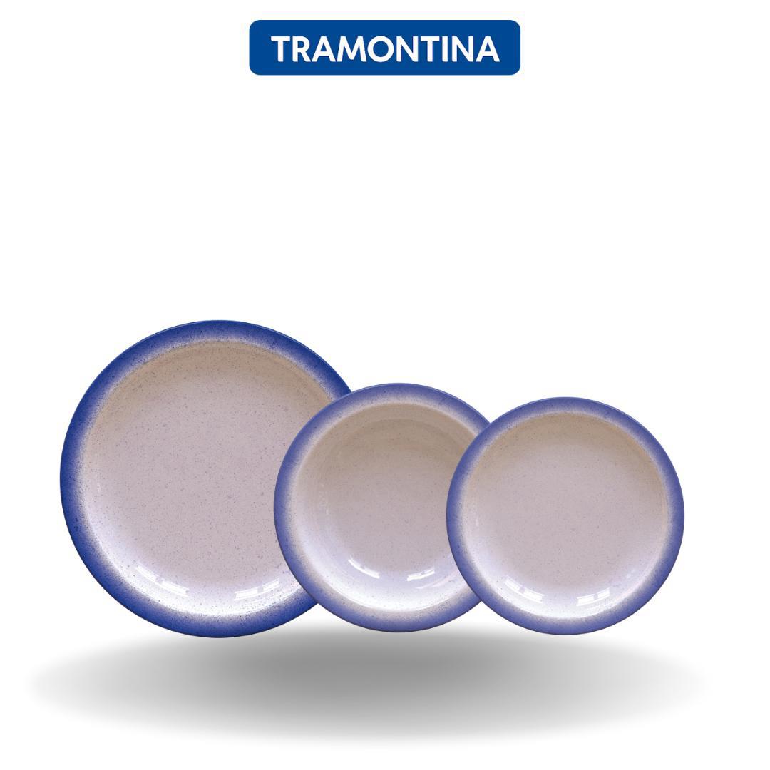 Conjunto De Jantar 18 Peças Rústicos Azul Em Porcelana Decorada Tramontina