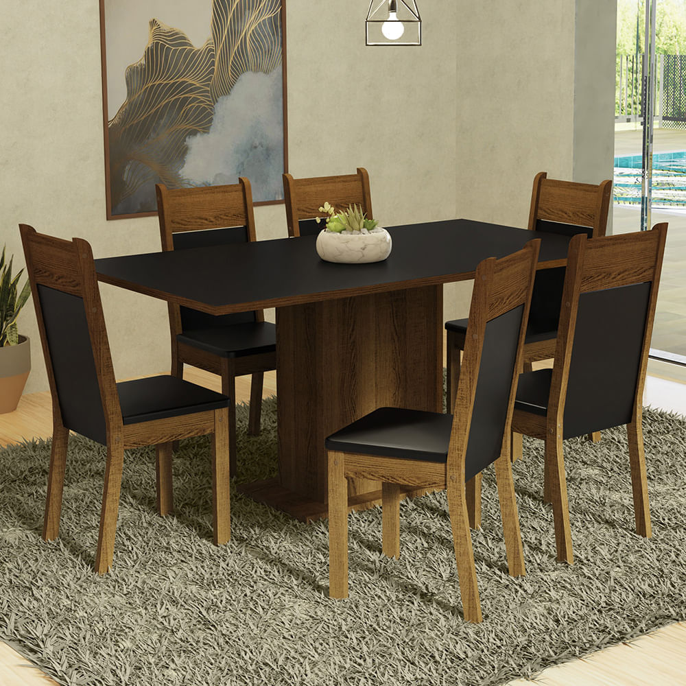 Conjunto Sala De Jantar Mesa Tampo De Madeira 6 Cadeiras Preto/Rustic Augusta Madesa