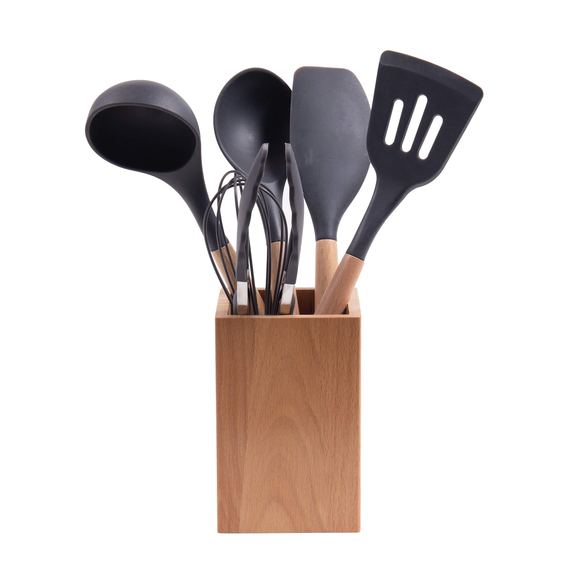 Kit Com 7 Utensílios Em Madeira E Silicone Kenya Cinza