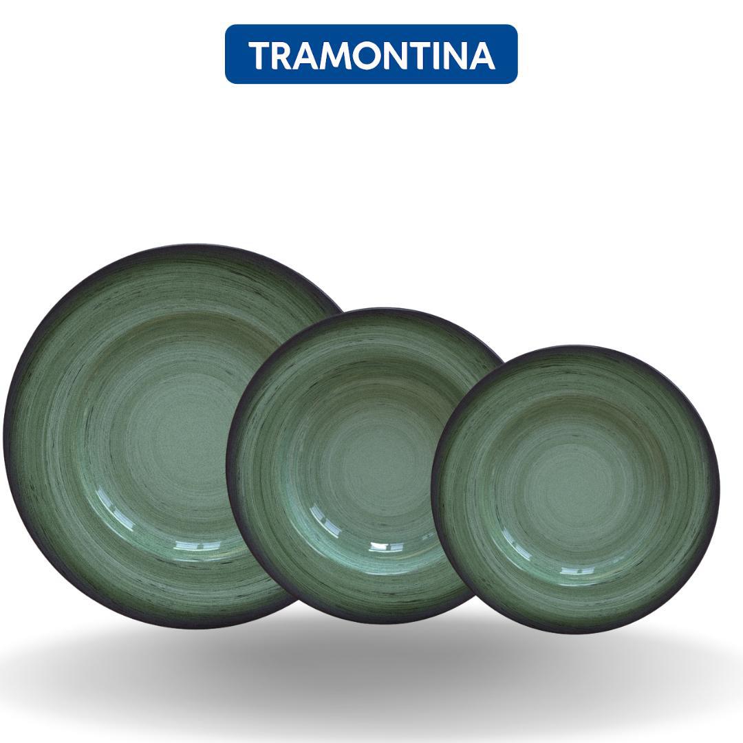 Conjunto De Jantar 12 Peças Rústico Verde Em Porcelana Decorada Tramontina