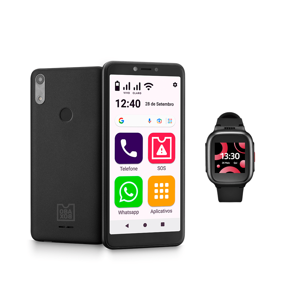 Combo Tech - Celular Obasmart Conecta 4G 32Gb E Seniorwatch 4G + Wi-Fi Preto - Ob043k