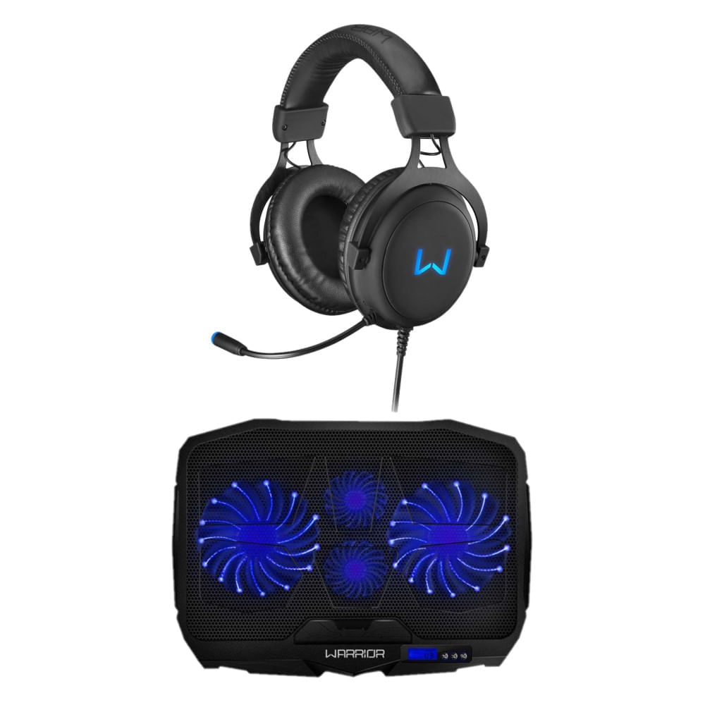 Combo Gamer - Cooler Para Notebook Com Led Azul 4 Ventoinhas E Headset Gamer Volker 3D Surround Warrior - Ac3320k