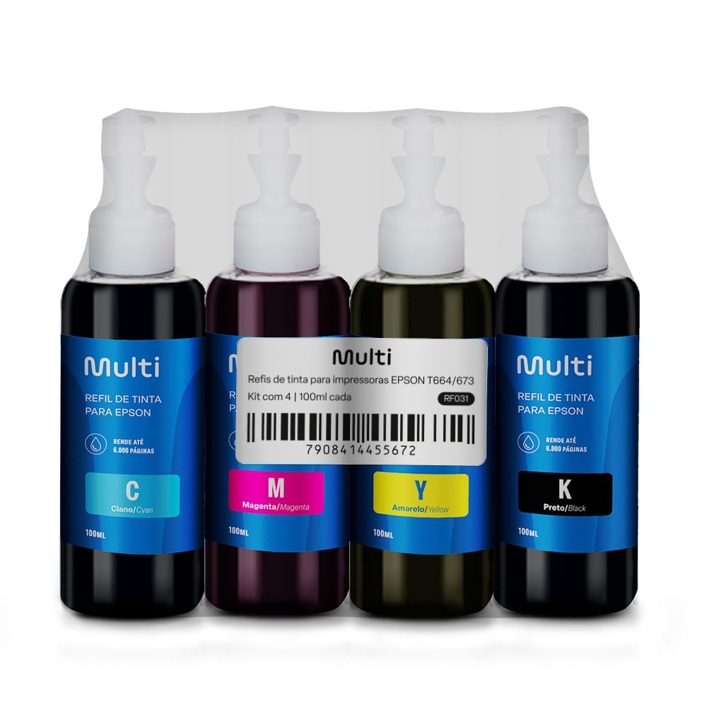 Kit Refil De Tinta Para Impressoras Epson Com 4 Cores T664 100ml Multi - Rf031 Rf031