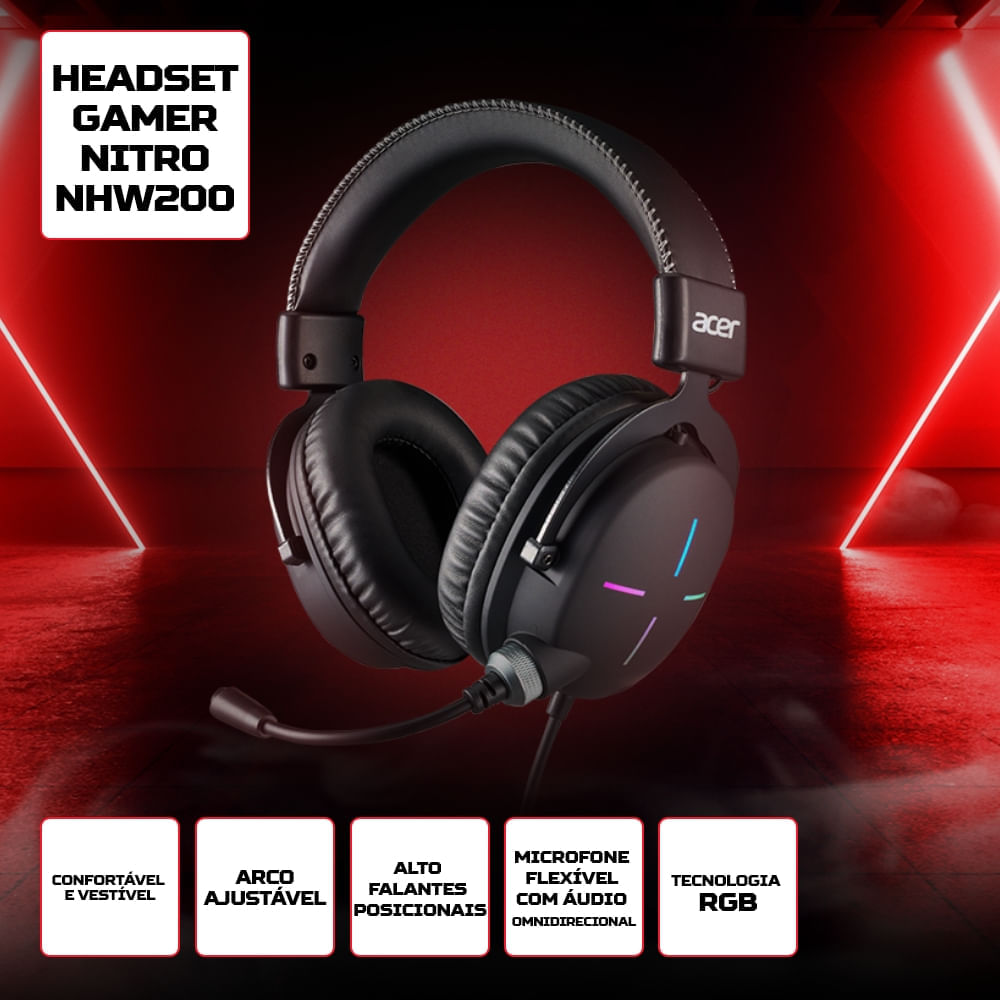 Headset Gamer Nitro Nhw200 Gen 2 Desing Over-Ear Rgb Com Microfone Omnidirecional - Brinde